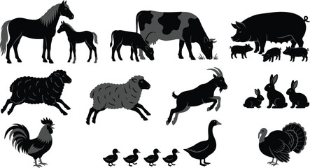 Fototapeta premium Farm Animals and Their Babies Black Silhouette Vector Set with Horse and Foal, Cow and Calf, Pig and Piglets, Sheep, Goat, and Ducklings