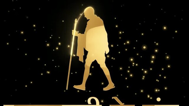 Gandhi Jayanti Celebration with Golden Silhouette and Hindi Text