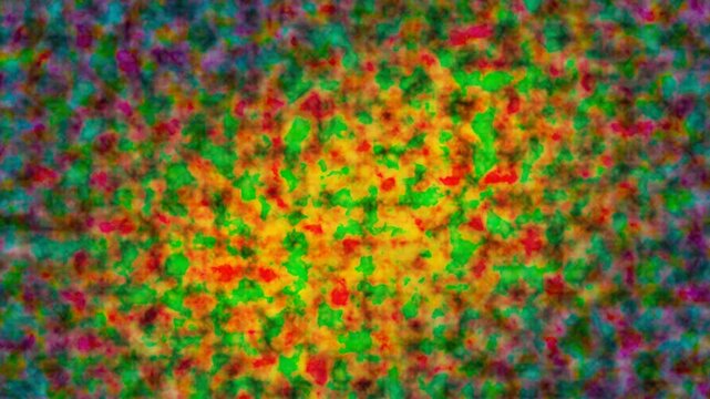 Vibrant abstract texture with glowing yellow center and multi-colored blurred noise granules, concept for data visualization and thermal energy field, ideal for digital background design and creative