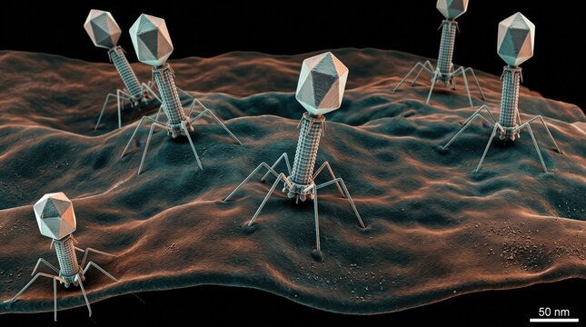3D Illustration of Bacteriophages Attaching to Bacterial Surface
