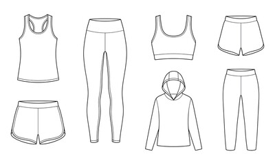 Fototapeta premium Outlined vector set of athletic clothing including tank top, leggings, sports bra, shorts, hoodie, and pants