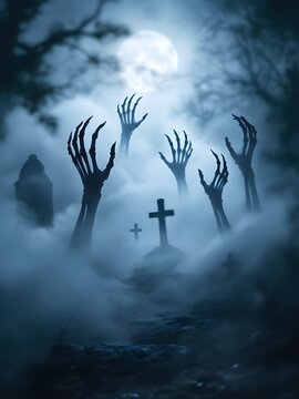 Multiple Skeleton Hands Rising from Foggy Graveyard Under Full Moon