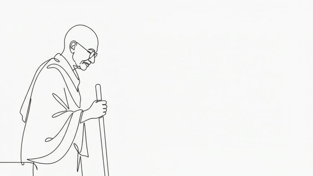 Mahatma Gandhi Line Art Holding Walking Stick with Copy Space
