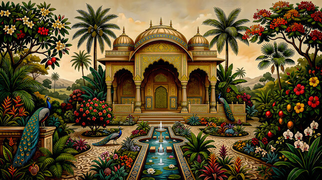 A detailed mughal garden scene features a central pavilion lush foliage and vibrant peacocks architecture floral landscape ornamental palace