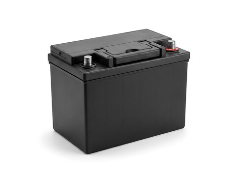 A 12 volt battery isolated on white background with clean modern design and black plastic casing