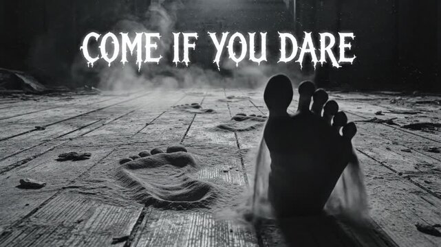 Human foot stepping into deep dust on wooden floorboards creating intense cinematic motion within this spooky dark horror animation footage