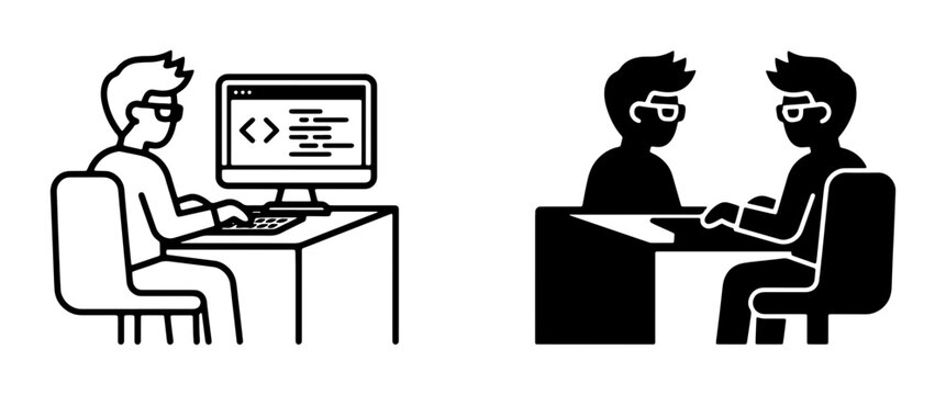 Coding and Interview Icons: Programmer at Computer, Two People in Meeting, Business Professionals, Technology Concepts