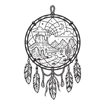 Hand drawn dream catcher with feathers in a simple black and white line art style for boho home decor Vector