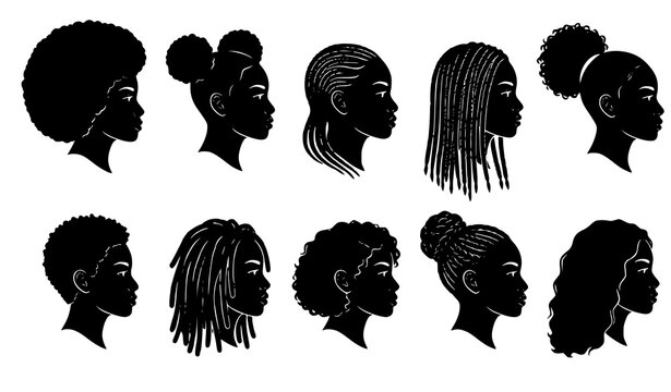 African American women head profile silhouettes featuring varied natural hairstyles braids curls and modern flat vector portrait designs