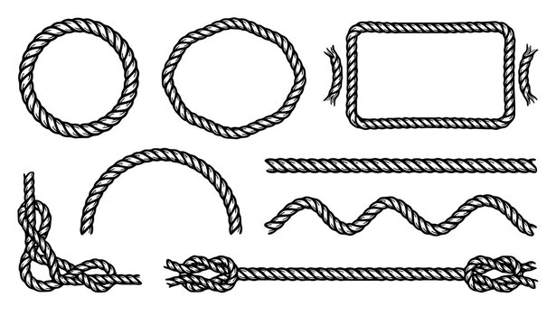 Hand drawn rope borders frames and nautical cord templates with knots loops and decorative marine designs in black vector line art