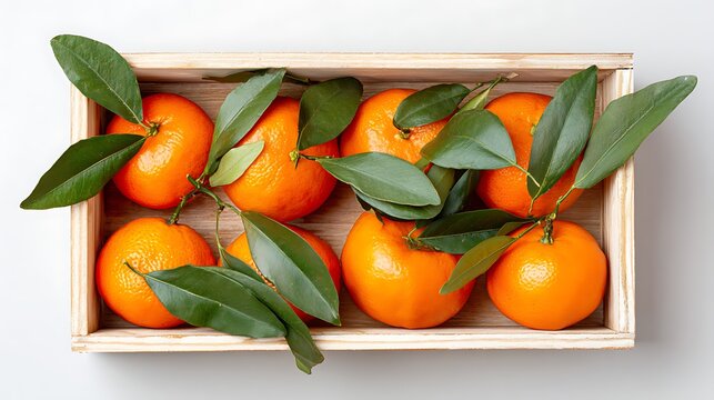 Fresh mandarins with green leaves in rustic wooden crate on white background