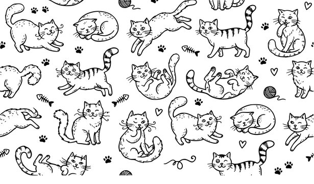 Minimal hand drawn cat outline seamless pattern with diverse feline poses whiskers tails and playful doodle vector artwork
