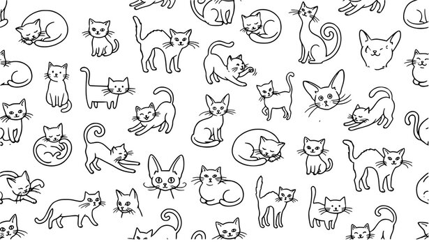 Hand drawn cats seamless vector pattern with playful doodle characters poses paw prints and cute pet elements on white background
