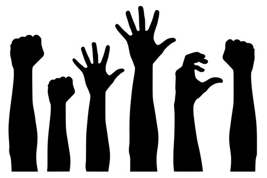 Black silhouettes of five raised arms with varied hand gestures, bold vector design symbolizing unity, expression, and communication.