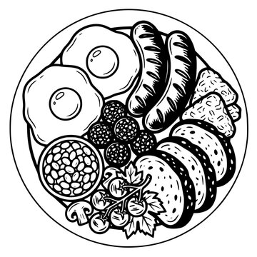 Black silhouette of a breakfast plate with eggs, sausages, beans, toast, hash browns, and tomatoes, bold vector design symbolizing classic meal and dining culture.