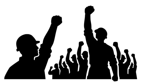 Black silhouettes of workers raising fists, bold vector design symbolizing unity, protest, empowerment, and labor rights in a strong graphic style.