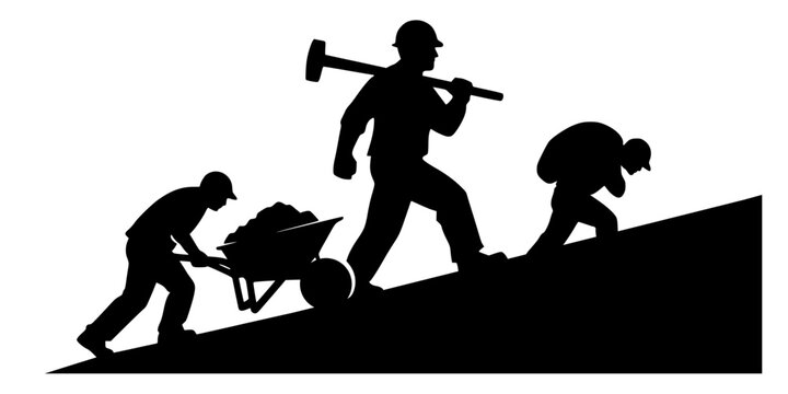Black silhouettes of three workers pushing, carrying, and lifting on an incline, bold vector design symbolizing labor, perseverance, and teamwork in a strong graphic style.