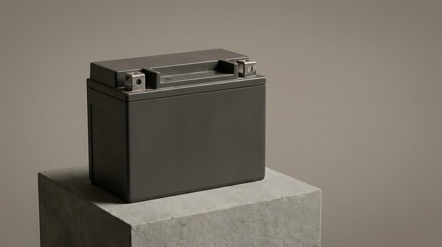 A 12 volt battery resting on a concrete block showcasing electrical power and energy storage solutions.