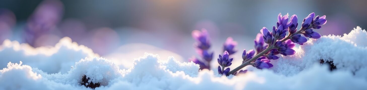 A sprig of lavender nestled among snow-covered branches, lavender, springtime, wildflowers