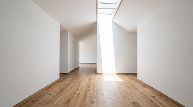 Bright attic hallway with light wooden flooring and white walls, large skylight window illuminating the corridor, spacious loft architecture, empty room ready for renovation
