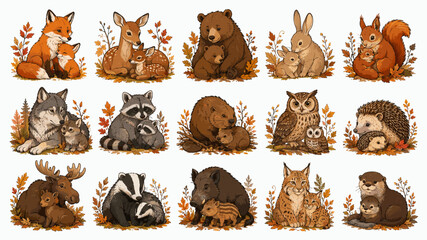 Fototapeta premium Set of vector illustrations of cute wild forest animals with their babies surrounded by autumn leaves in a cozy style