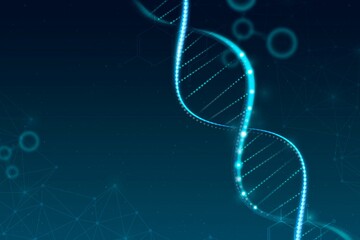 Abstract glowing blue double helix DNA strand with molecular structures and network connections on...