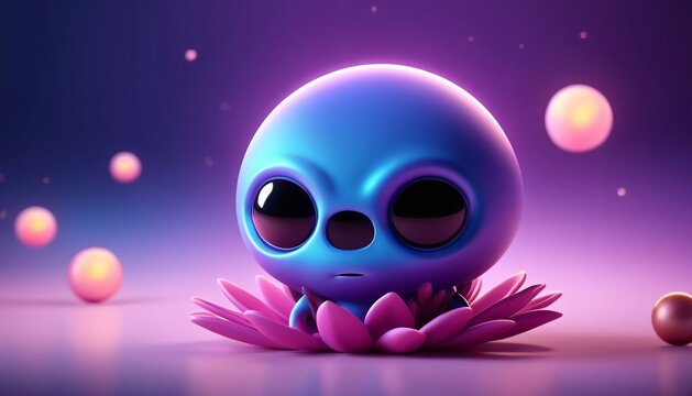 Cute blue alien sitting on pink fantasy flower