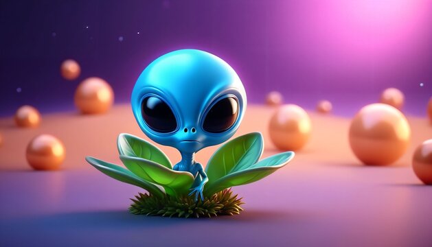Cute blue alien emerging from green fantasy leaves