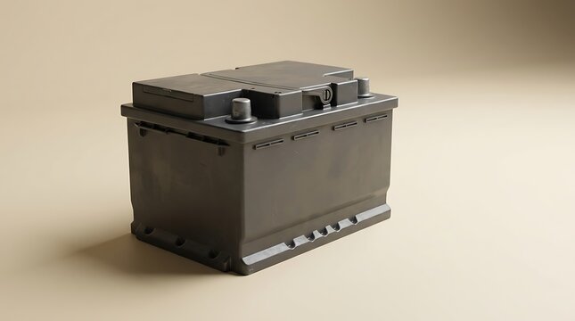 A standard 12 volt battery isolated on a neutral background for automotive and industrial application uses.