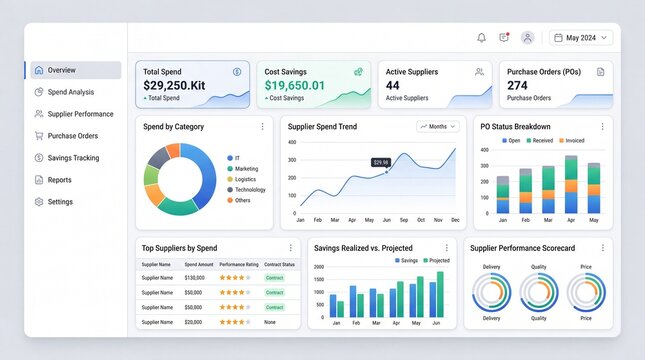 Procurement analytics and spend management dashboard interface. Financial metrics cost savings tracking and supplier performance data visualization