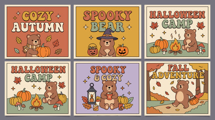 Fototapeta premium Set of retro vintage autumn and Halloween designs featuring cute little bears, pumpkins, campfires, and seasonal typography in warm rustic colors