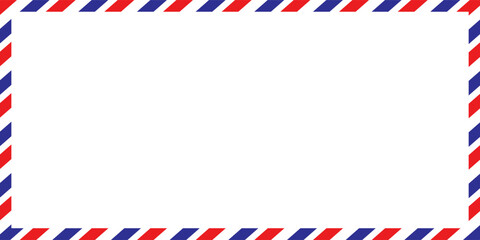 Fototapeta premium Airmail envelope frame with blue and red stripes on white background. International vintage letter border. Retro air mail postcard. Blank envelope.