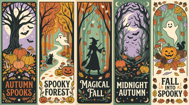 A set of five vertical bookmarks featuring whimsical autumn scenes with pumpkins bats ghosts and magical silhouettes for seasonal decorative projects