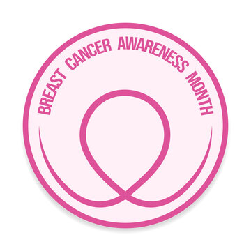 Breast Cancer Awareness Month label with pink ribbon. Flat vector illustration. Support, solidarity, campaign, survivor, female wellness, health, healthcare concept. Emblem, sign, symbol.