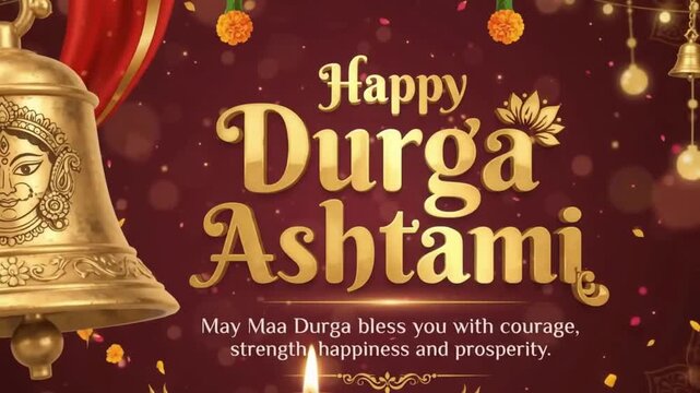 Durga Ashtami Festival Greeting with Decorative Bell and Diyas