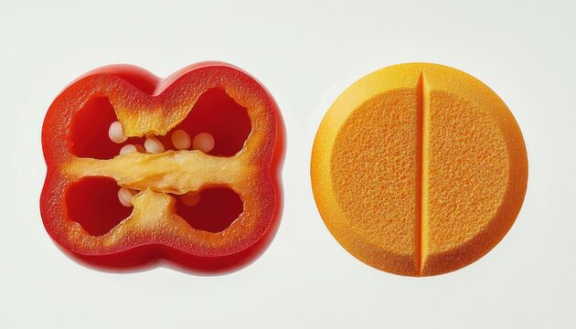 halved red bell pepper next to round orange scored tablet on white background, vibrant minimalist still life with playful clinical contrast