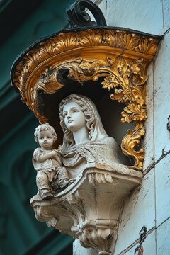 ornate gilded canopy above weathered stone mother and child statue on building facade, serene and reverent expression