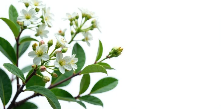 Dark green branches with small white flowers on white background, flowers, foliage, isolated