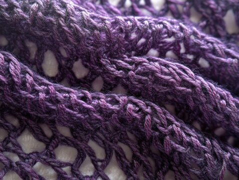 close-up of purple crocheted lace fabric with soft twisted yarn, delicate openwork loops and a cozy handcrafted texture