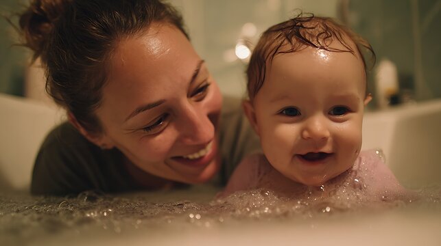 Happy mother bathing baby with soap bubbles during warm family bath time