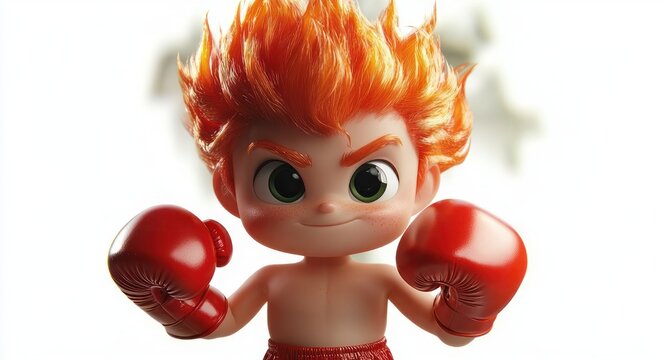 Confident young cartoon boxer with fiery spiky orange hair, green eyes and freckles, wearing red boxing gloves and shorts in a determined fighting pose