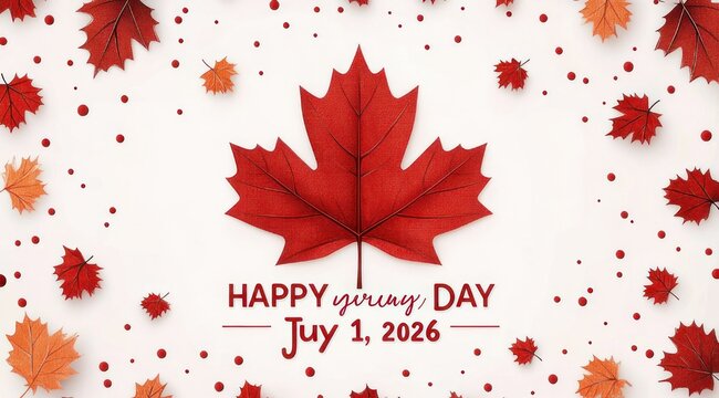 Festive large red maple leaf with scattered red and orange leaves, confetti dots and joyful greeting with date july 1, 2025 on white background