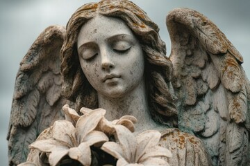 Naklejka premium Weathered stone angel statue with moss-covered wings and carved lilies, face obscured by a blurred square, solemn mournful mood beneath a cloudy sky