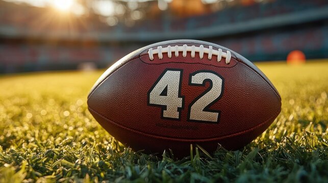 Close-up of a leather football numbered 42 resting on green grass with blurred stadium stands and warm sunset glow evoking anticipation