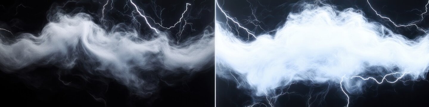 Split-panel storm scene with swirling smoke and bright electric lightning, dark left and luminous right conveying dramatic tension and raw energy