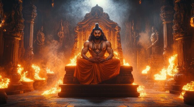 Muscular meditating figure in orange robe seated on ornate throne inside a burning ancient temple surrounded by statues and flames, exuding solemn power and serene intensity