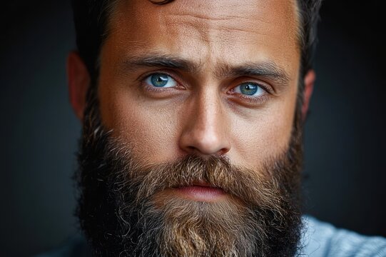 Close-up portrait of a bearded man with blue eyes and a serious, pensive expression against a dark background
