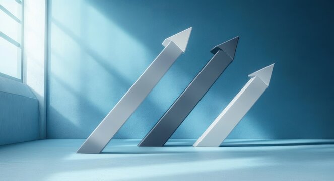 three ascending metallic arrows leaning forward in a sunlit blue room with window rays, conveying growth and optimistic momentum