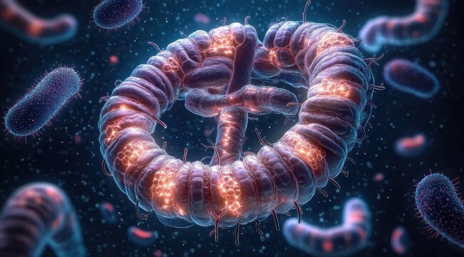 Eerie glowing coiled microorganism ring with illuminated internal nodules surrounded by rod-shaped bacteria in dark fluid, intricate and mysterious microscopic scene