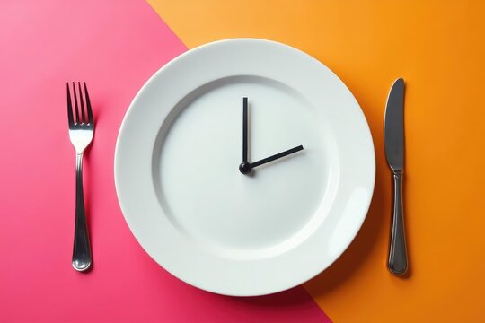 Empty plate with clock, signifying time-restricted eating , diet, diet plan